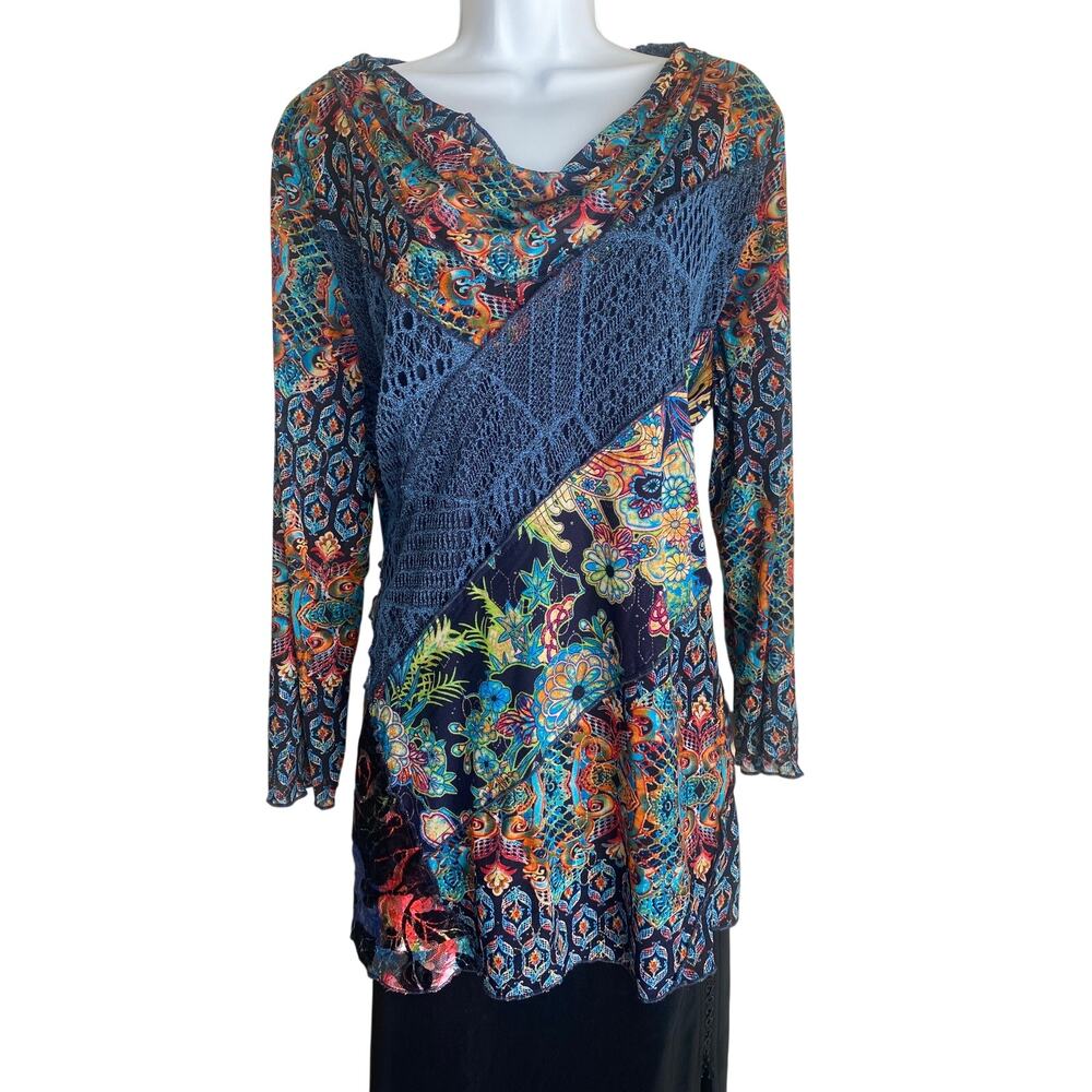 Y2K Boho Crochet Tunic Women Plus Size 2X Artsy Lagenlook Blouse Velvet Burnout
